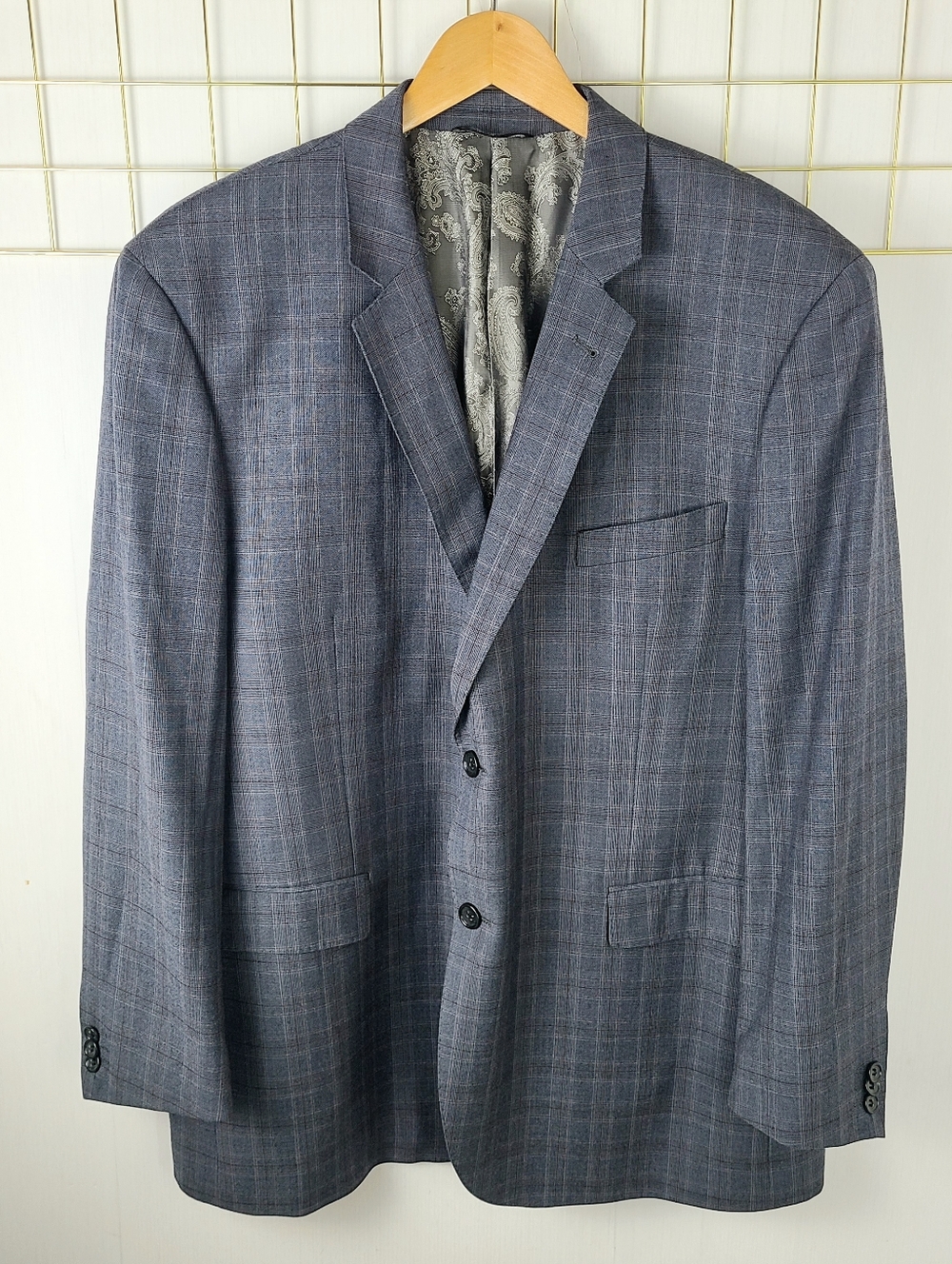 Manzini Uomo Navy Checkered Plaid Super 150s Wool Blazer Sport Coat